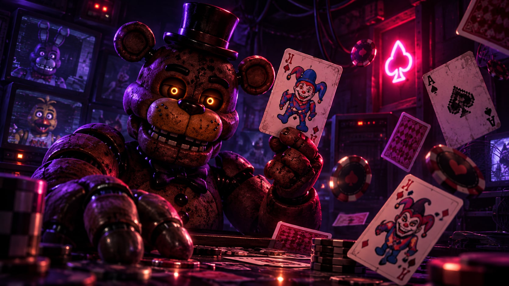 Concept artwork of Freddy holding a joker card at a table surrounded by playing cards.