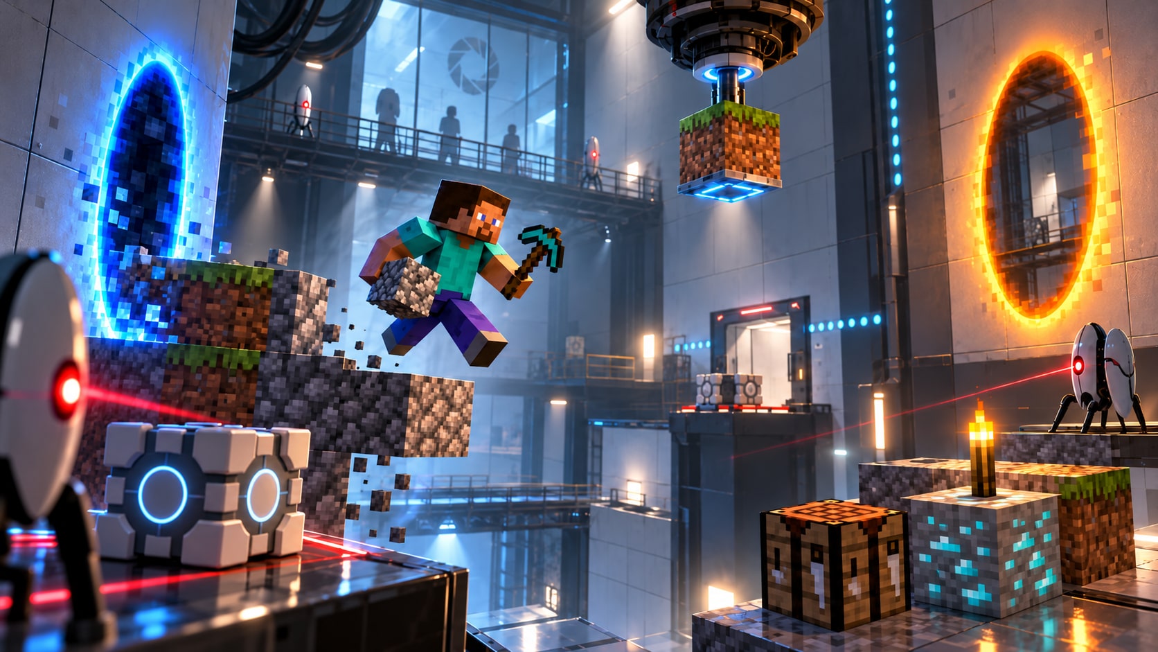 Concept artwork of Steve building between blue and orange portals in a Portal test chamber.