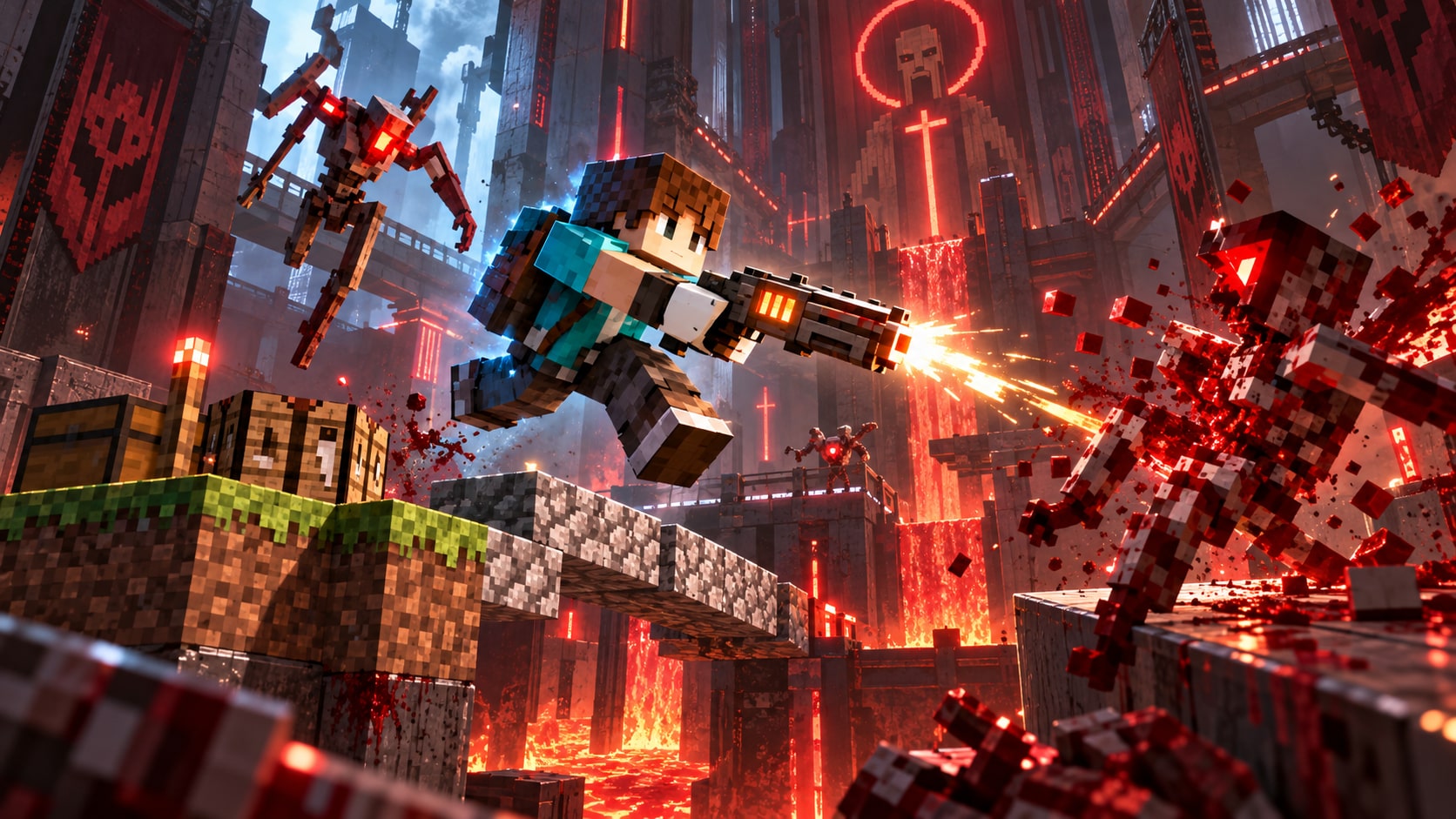 Concept artwork of an airborne Minecraft player firing at machines in a fiery ULTRAKILL-inspired arena.